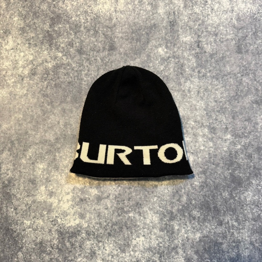Y2K Burton Reversible Beanie Hat Mens Black White Logo Snowboard Winter Skully